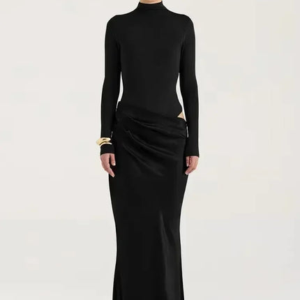 JULISSA MO Satin Sexy Hollow Out Women Maxi Dress Black Sleeveless High Waist Dress Female Autumn Skinny Elegant Party Clubwear