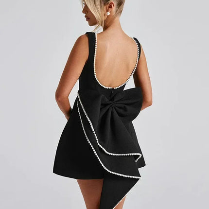 Mozision Pearl Bow Backless Sexy Mini Dress For Women Robe Fashion Zipper Sleeveless High Waist A-line Club Party Dress Elegant