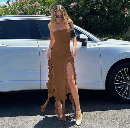 Cryptographic Irregular Ruffle Off Shoulder Sexy Backless Midi Dress for Women Elegant Birthday Vestido Summer Sundresses Ruched