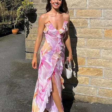 Weird Puss Flower Print Dress Woman Summer Strapless Splits Irregular Tassel Patchwork Backless Bandage Party Skinny Vestidos