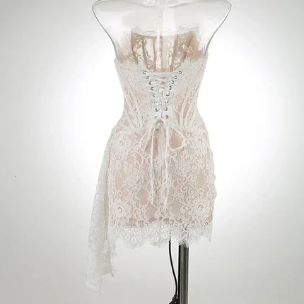 TARUXY Sexy Lace See-through Patchwork Corset Dress Female Bodycon Elegant Party MIrrgualr Mini Dress Women Tube Top Dress New