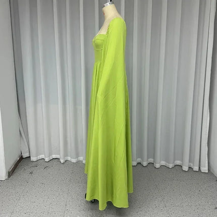 Wefads Maxi Dress Women Elegant Fashion Solid Cape Long Sleeve Square Neck Nipped Waist Backless Evening Party Dress Streetwear
