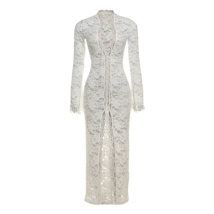 Weird Puss Embroidery Ruffles Dress Women Sexy Deep V-Neck Slits See Through Solid Tassel Petal Cuffs Street Elegance Vestidos