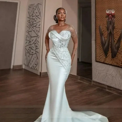 Luxury Pearls Beaded Mermaid African Wedding Dress Sheer O-neck Long Sleeves Aso Ebi Engagement Gowns Corset vestido de novia