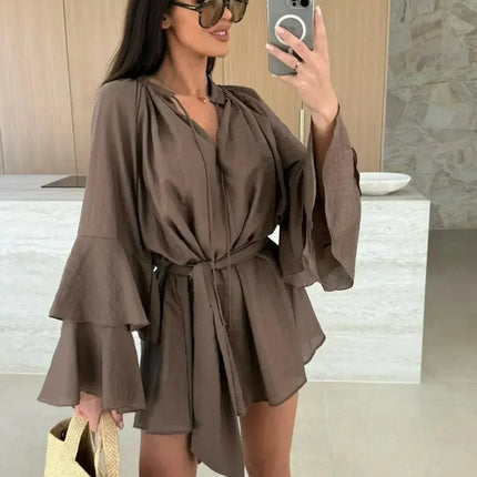 Elegant Fold Dress Women Brown Deep V-neck Long Sleeve Mini Dresses Female 2025 Spring Summer Fashion Loose Lady Vestidos