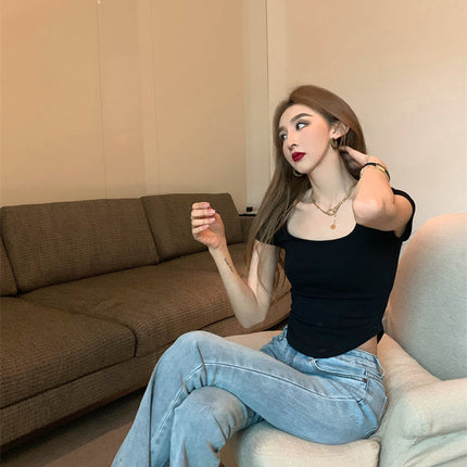 Pure Color Slim Short Sleeve Tees Women 2022 Summer Y2k Crop Fashion Sexy Blouse