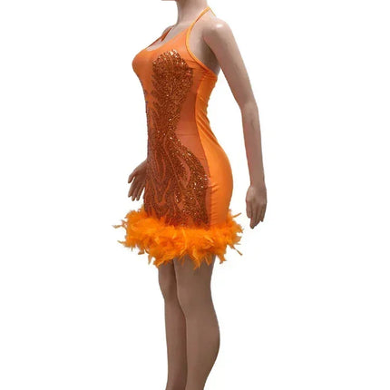 Beyprern Beautiful Mesh Sequin Feather Glam Dress Luxury Woman Party Dress Glitter Sleeveless Night Out Dresses Birthday Outfits