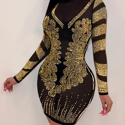 Women Sexy Solid Color Sheer Mesh Rhinestone Design Bodycon Nightclub Party Dress