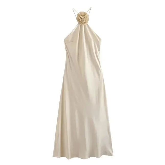 MUJER Flower Halter Dress Woman Off Shoulder Satin Long Dress Women Backless Sexy Evening Dresses Summer Party Dresses For Women