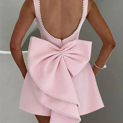 Mozision Pearl Bow Backless Sexy Mini Dress For Women Robe Fashion Zipper Sleeveless High Waist A-line Club Party Dress Elegant
