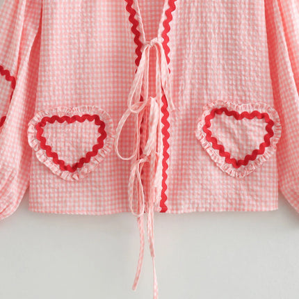Heart Pockets Ladies V Neck Bow Buttons Blouses