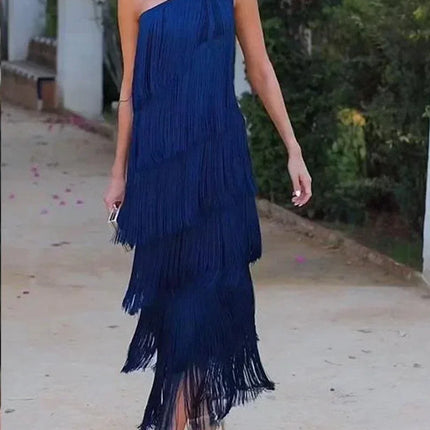 Spring and Summer New Fashion Fringed Slanted Shoulder Asymmetrical Dress for Women