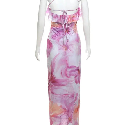 Weird Puss Flower Print Dress Woman Summer Strapless Splits Irregular Tassel Patchwork Backless Bandage Party Skinny Vestidos