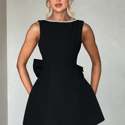 Mozision Pearl Bow Backless Sexy Mini Dress For Women Robe Fashion Zipper Sleeveless High Waist A-line Club Party Dress Elegant