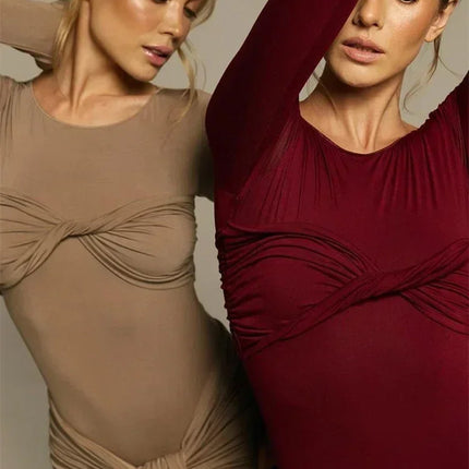 Tossy Female Pleated Sexy Maxi Dress Patchwork Twist Slim Long Sleeve Solid Y2k Autumn Streetwear Dress Women's Bodycon Dress
