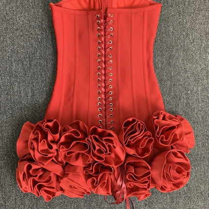 Women Red Evening Bandage Dress Hot Strapless Bodycon Flowers Hem Laced Up Mini Celebrity Birthday Party Dresses One Piece Gala