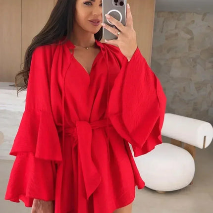 Elegant Fold Dress Women Brown Deep V-neck Long Sleeve Mini Dresses Female 2025 Spring Summer Fashion Loose Lady Vestidos