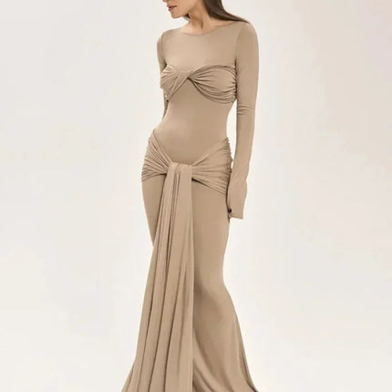 Tossy Female Pleated Sexy Maxi Dress Patchwork Twist Slim Long Sleeve Solid Y2k Autumn Streetwear Dress Women's Bodycon Dress