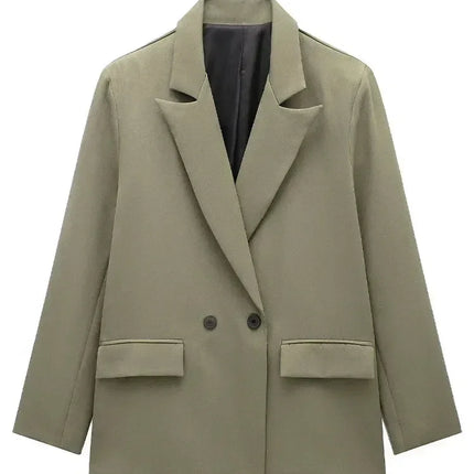 Willshela Women Fashion With Pockets Solid Double Breasted Blazer Vintage Long Sleeves Notched Neck Female Office Lady Outfits