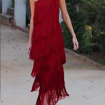 Spring and Summer New Fashion Fringed Slanted Shoulder Asymmetrical Dress for Women