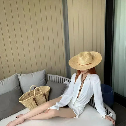 New 2024 Belt Strap Straw Sun Hat For Women Fashion Vacation Beach UV Hats Summer Wide Brim Travel Panama Hats Outdoor Wholesale