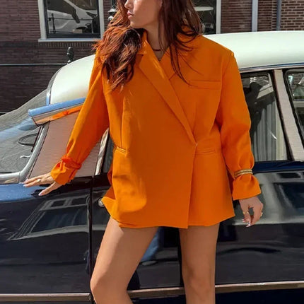 Women's V-Neck Side-Buttoned Suit Jacket Long Sleeve Solid Color Coats Pocket Cuffs Oversize Tops High Street Female Clothes