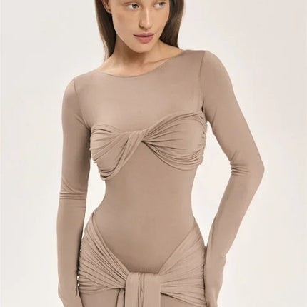 Tossy Female Pleated Sexy Maxi Dress Patchwork Twist Slim Long Sleeve Solid Y2k Autumn Streetwear Dress Women's Bodycon Dress