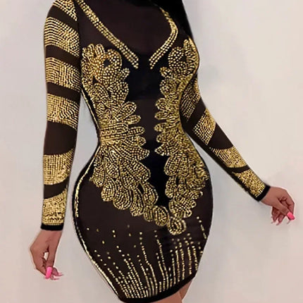 Women Sexy Solid Color Sheer Mesh Rhinestone Design Bodycon Nightclub Party Dress
