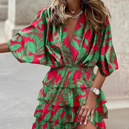 Women Fall V-Neck Loose Batwing Hafl Sleeve Print Dress Fashion Elegant Lace-up Ruffle Beach Mini Dresses Casual Streetwear 2024