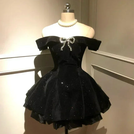 Black French Vintage Elegant Design Woman Dress Gothic Off Shoulder Retro Mini Dress Female Fairy Birthday Party Chic Outfits