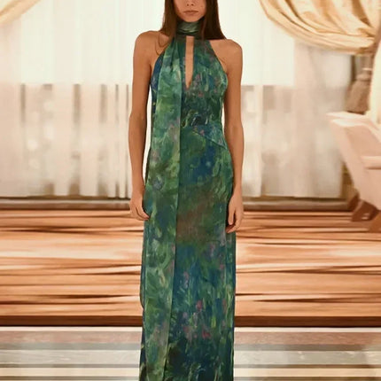Sexy See Through Deep V Neck Maxi Dress Backless Sleeveless Lace Up Halter Robes Printed Party Vestidos 2025 New Lady Dresses