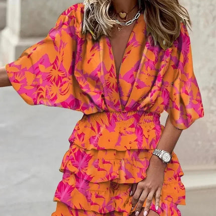 Women Fall V-Neck Loose Batwing Hafl Sleeve Print Dress Fashion Elegant Lace-up Ruffle Beach Mini Dresses Casual Streetwear 2024