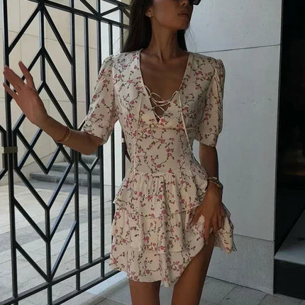 Clacive Summer Slim Print Women's Dress 2024 Sexy V-Neck Short Sleeve Mini Dresses Elegant High Waist Pleated Female Dress