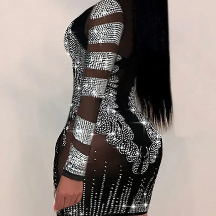 Women Sexy Solid Color Sheer Mesh Rhinestone Design Bodycon Nightclub Party Dress