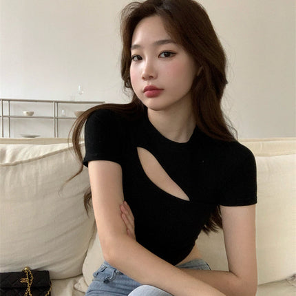 T Shirt Women Summer Hollow Crewneck Cropped Tops Irregular Tight Fitting Short Sleeve