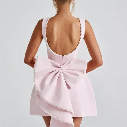 Mozision Pearl Bow Backless Sexy Mini Dress For Women Robe Fashion Zipper Sleeveless High Waist A-line Club Party Dress Elegant