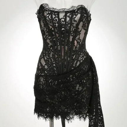 TARUXY Sexy Lace See-through Patchwork Corset Dress Female Bodycon Elegant Party MIrrgualr Mini Dress Women Tube Top Dress New