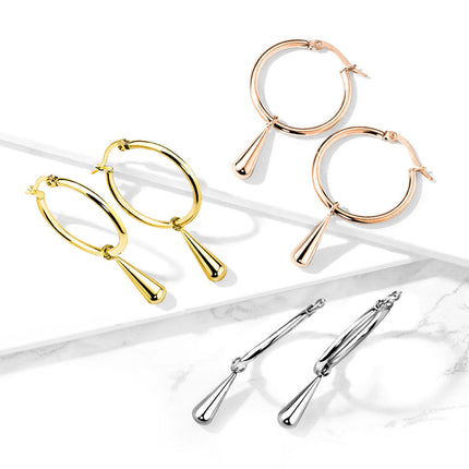 Stainless Steel Hoop Earrings with Teardrop Dangle
