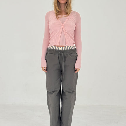 RIBBED KNIT CARDIGAN IN POWDER PINK