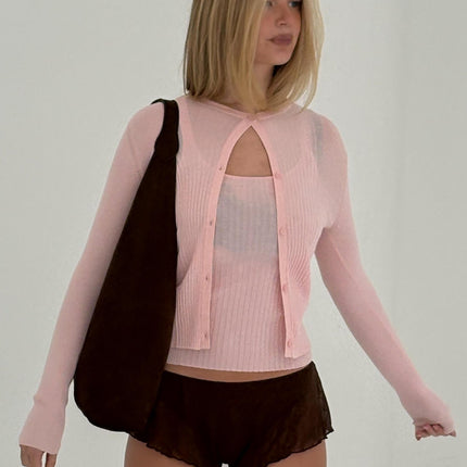 RIBBED KNIT CARDIGAN IN POWDER PINK
