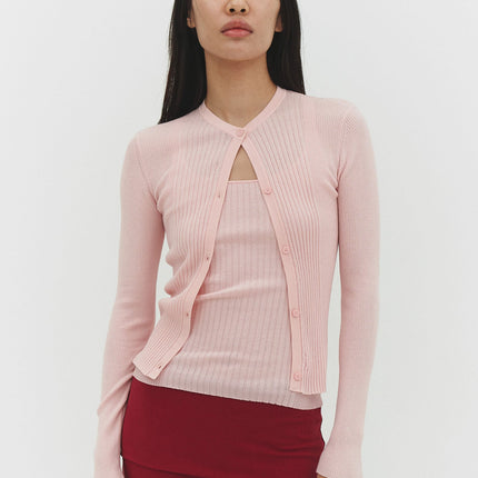 RIBBED KNIT CARDIGAN IN POWDER PINK
