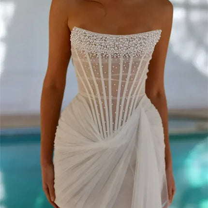 Kyoto Customized Ivory Strapless Pearls Pleated Mini Wedding Dress Asymmetrical Sleeveless vestidos de novia For After Party