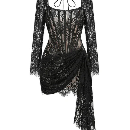 TARUXY Sexy Lace See-through Patchwork Corset Dress Female Bodycon Elegant Party MIrrgualr Mini Dress Women Tube Top Dress New