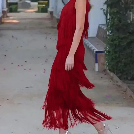 Spring and Summer New Fashion Fringed Slanted Shoulder Asymmetrical Dress for Women