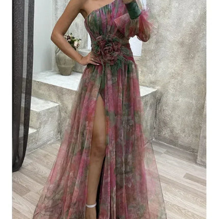 Elegant Oblique Shoulder Single-sleeve  Zipper High Slit Mesh Long Dress For Women Fashion Flower Decoration Party Dress Female
