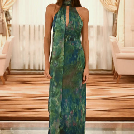 Sexy See Through Deep V Neck Maxi Dress Backless Sleeveless Lace Up Halter Robes Printed Party Vestidos 2025 New Lady Dresses