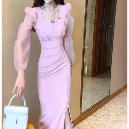 Gentle Temperament Slim Fit Dress with Women's Sleeves Square Neckline Pleated Solid Color Slimming Effect Medium Length Skirt