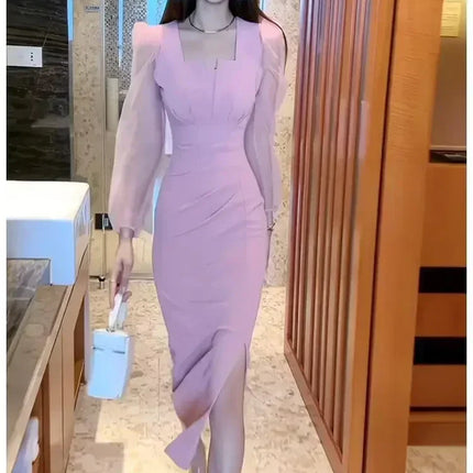 Gentle Temperament Slim Fit Dress with Women's Sleeves Square Neckline Pleated Solid Color Slimming Effect Medium Length Skirt