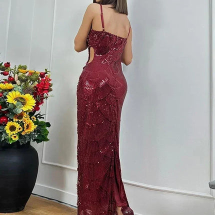 New Sequin Hollow Out Spaghetti Strap Backless Mermaid Long Dresses Women Elegant Celebrity Party Evening Wedding Bodycon Gowns