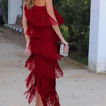 Spring and Summer New Fashion Fringed Slanted Shoulder Asymmetrical Dress for Women